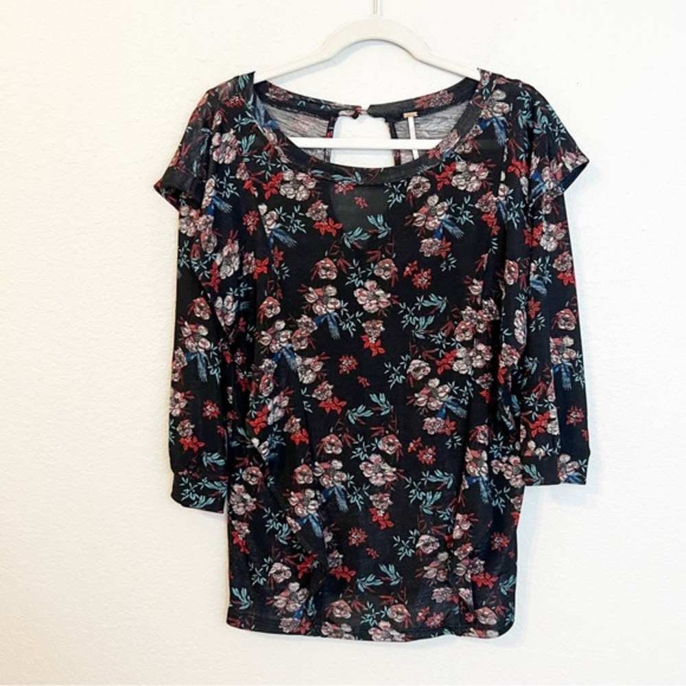 Free People Black Floral Ruffle Sleeve Keyhole Back‎ Burnout Top Medium